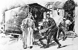 Разгрузка санитарного автомобиля в годы Первой мировой войны (открытое письмо с рис. неизв. худ) 